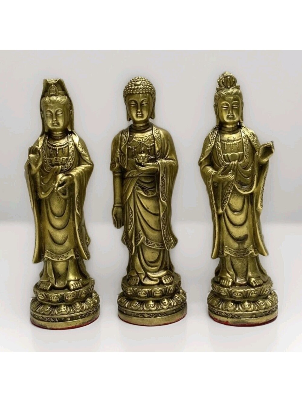 Chinese Amitabha Triad statue set Of 3 Cast Metal Bronze 8"